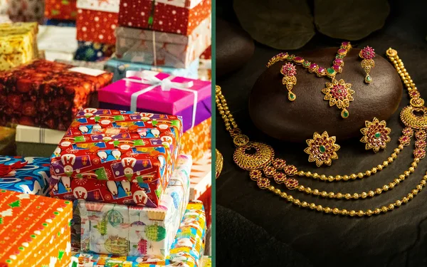 Split image contrasting wrapped gift boxes with an ornate gold and ruby jewellery set, representing the difference between a dowry and Mahr