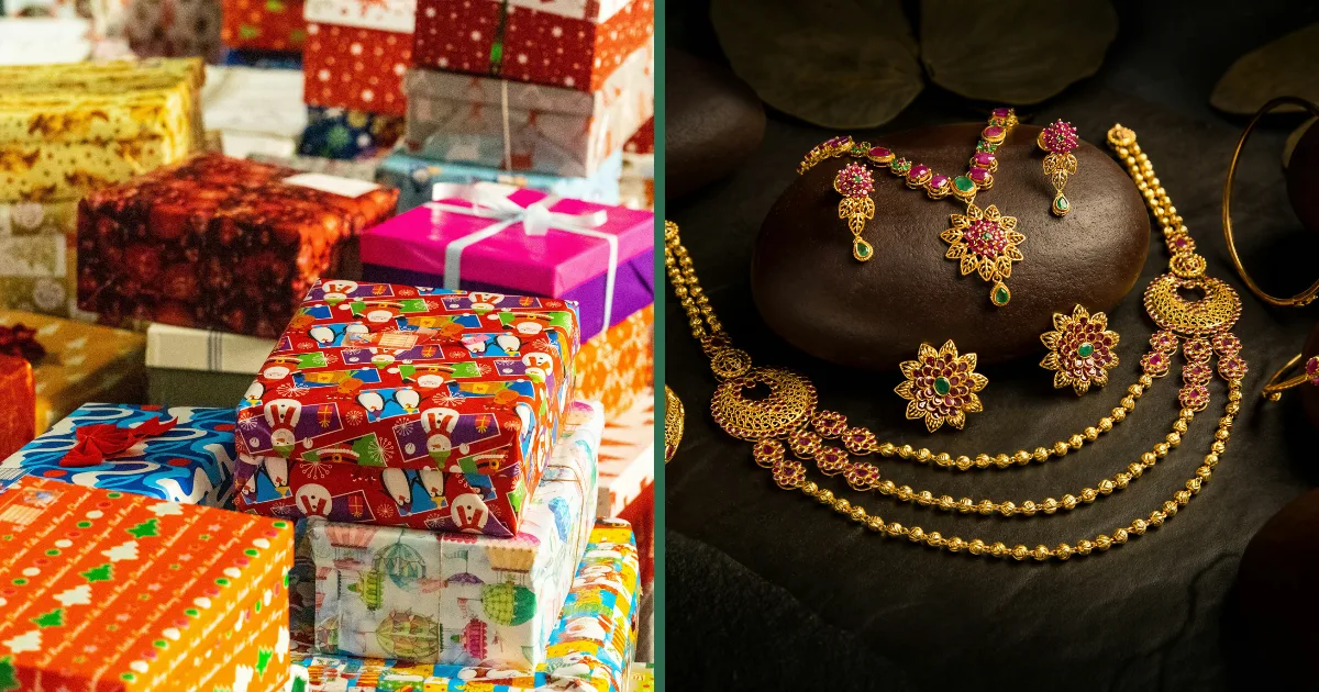 Split image contrasting wrapped gift boxes with an ornate gold and ruby jewellery set, representing the difference between a dowry and Mahr