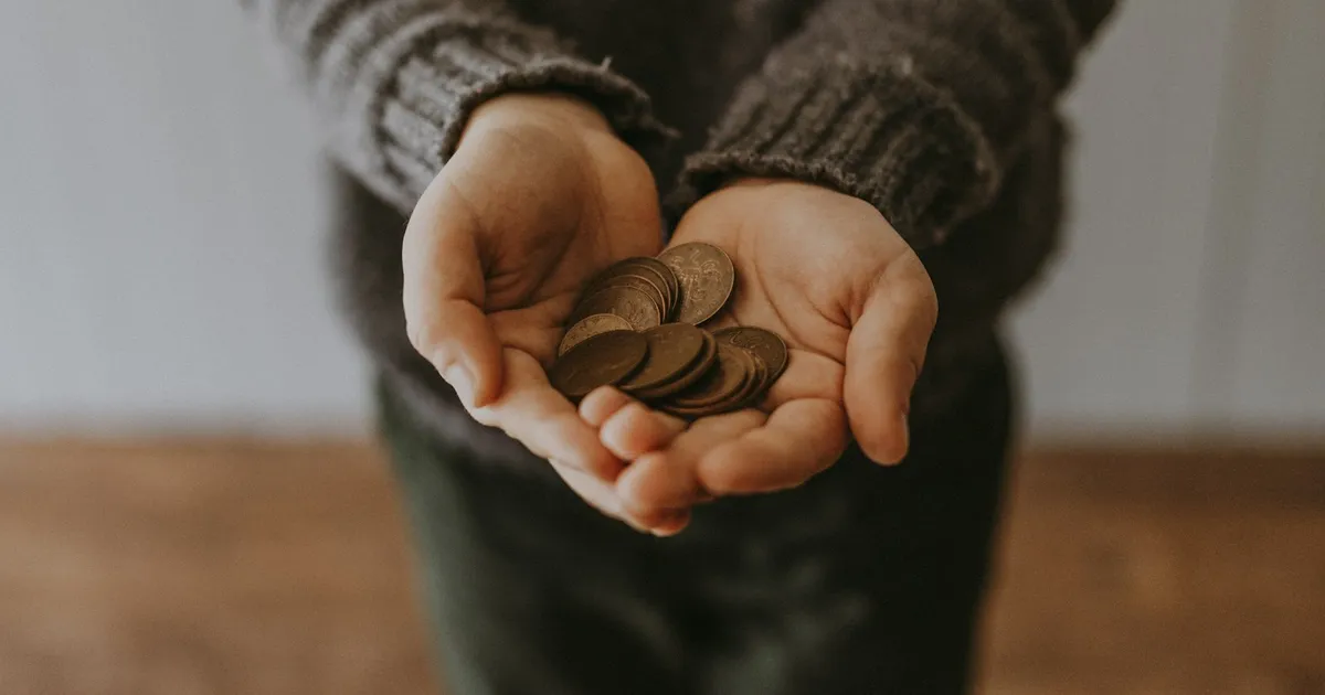 Two cupped hands holding a small handful of coins, representing the share of wealth Zakat returns to those in need